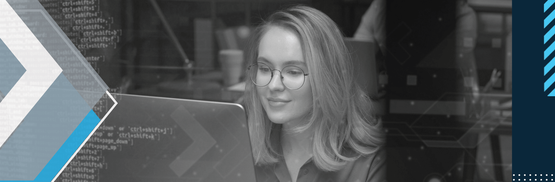 AboutFlow_DataSheet_Section2-3_Graphic-1 A woman wearing glasses intently gazes at a computer screen, focused on her work or research.