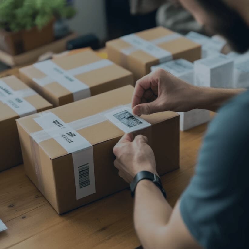 A man carefully applies a barcode label to a package for identification and tracking purposes.